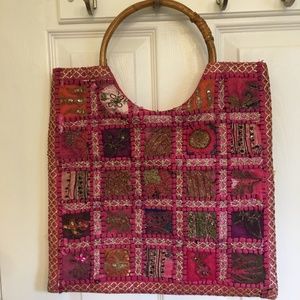 Pink Boho Chic Handbag with Wood Handles